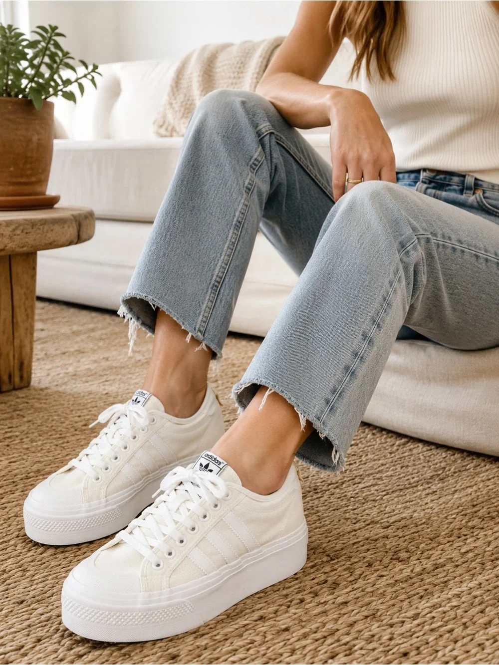 Adidas Originals Nizza Platform Triple White Canvas Sneakers Women’s US 9